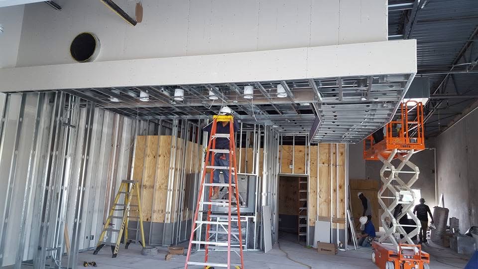 Interior metal framing and drywall construction